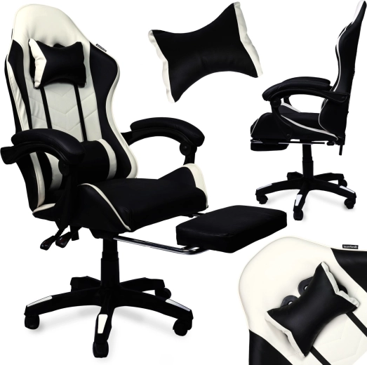 Silla gaming giratoria con reposapiés de polipiel en blanco y negro