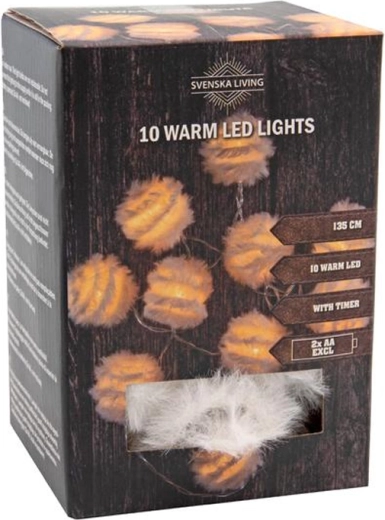 Guirnalda de luces navideñas con 10 bolas LED con plumas y temporizador 1,35 m – luz blanco cálido