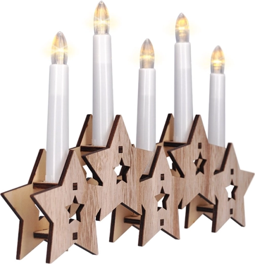 Solight candelabro LED de madera con decoración de estrellas, 5× LED, madera natural, a pilas - 1 pieza