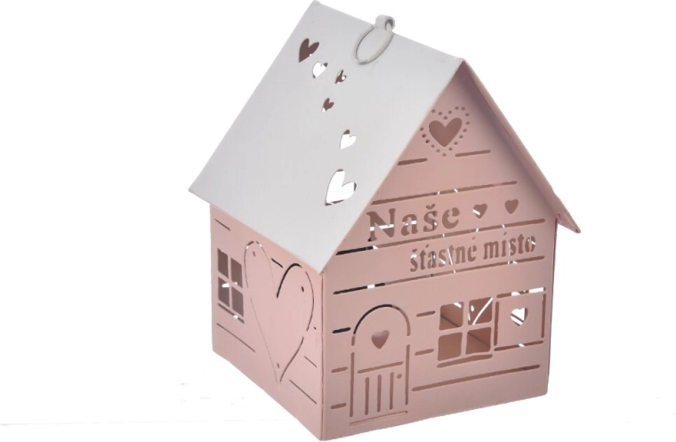Casita metálica para vela rosa con corazón «Nuestro»