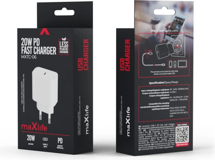 Cargador de red Maxlife 20W USB-C con compatibilidad PD y QC, blanco