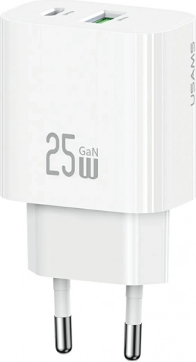 Cargador de pared USAMS 25 W con USB‑C y USB‑A, carga rápida, blanco