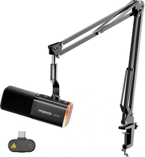 Maono PD100WS micrófono dinámico inalámbrico y USB con reducción de ruido por IA y RGB (negro)