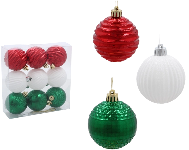 Set de bolas navideñas de 6 cm – roja, verde y blanca (9 uds)