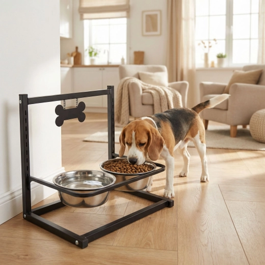 Soporte elevado ajustable para comederos con dos cuencos de acero inoxidable, negro