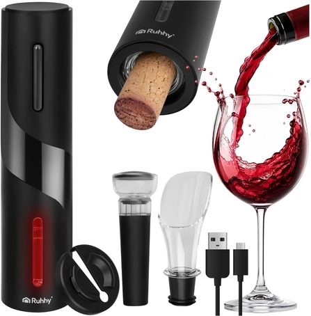 Sacacorchos eléctrico para vino Ruhhy – set automático con USB‑C (4 piezas)