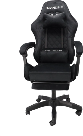 Silla gaming Invincible de terciopelo negro con reposapiés extensible