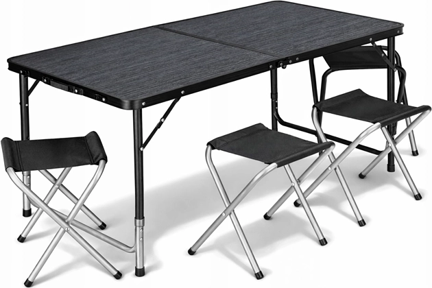 Set de camping plegable: mesa y 4 taburetes en maletín, negro