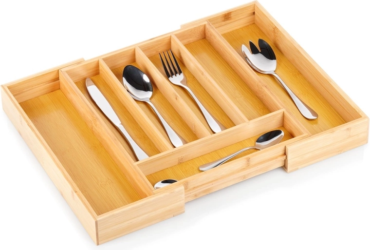 Organizador extensible de bambú para cajón de cubiertos 28–45 × 33,5 cm
