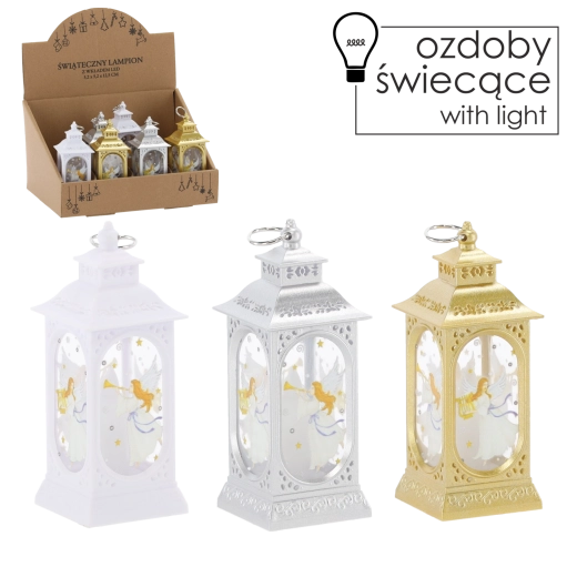 Farol navideño con ángel LED, plateado/dorado/blanco, 5,2 × 5,2 × 12,5 cm