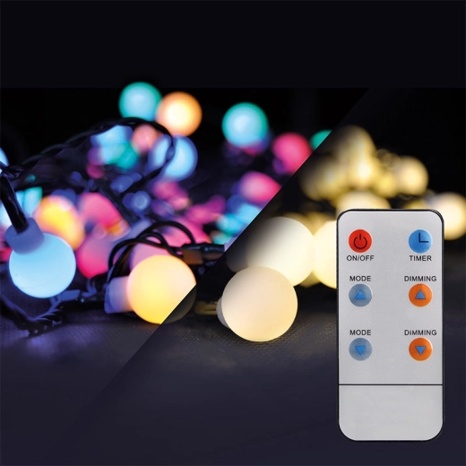 Solight guirnalda navideña LED de exterior 2en1 con bolas y mando a distancia, 100 LED, RGB + blanco neutro, 10 m + 5 m, IP44