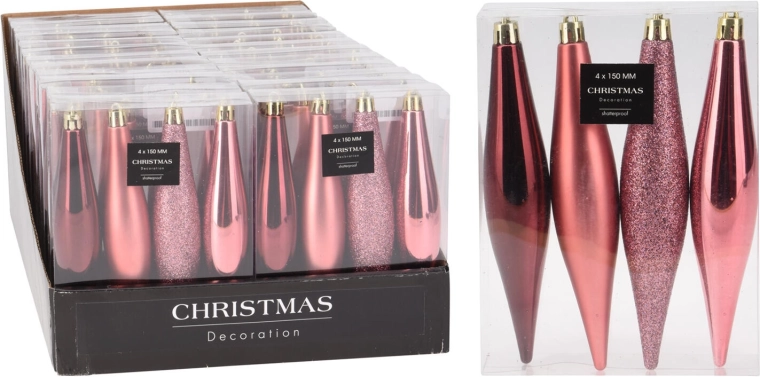 Adornos navideños colgantes en forma de carámbanos 15 cm, rosa, set de 4 unidades