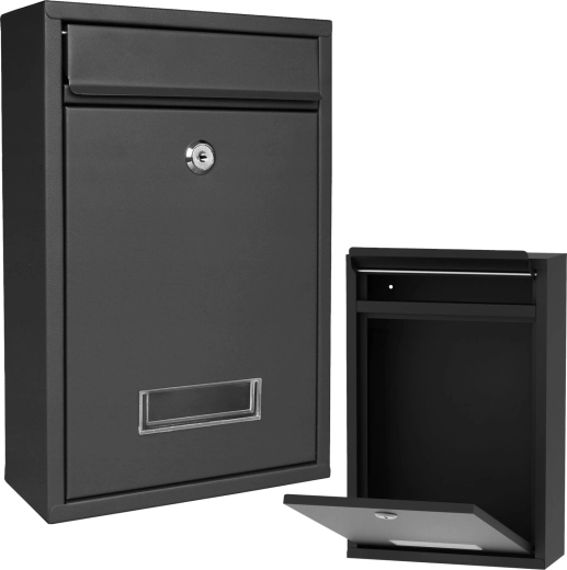 Buzón negro con cerradura y ventana para placa de nombre