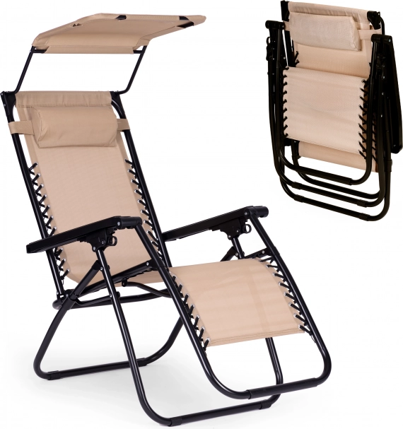 Tumbona de jardín reclinable con capota ajustable, beige