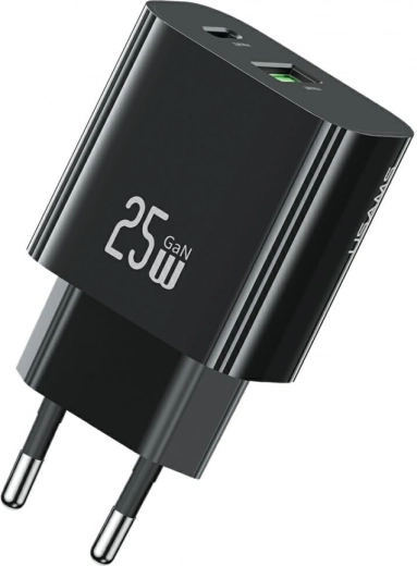 Cargador de red de 25 W con 1× USB‑C y 1× USB‑A, carga rápida, negro