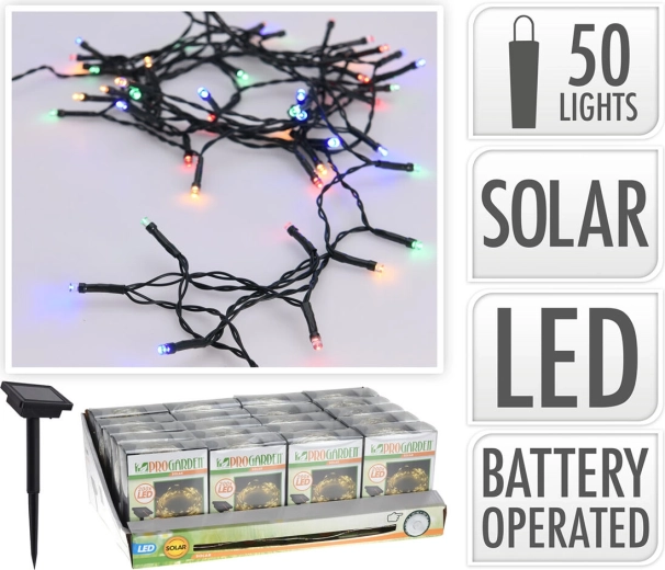 Guirnalda de luces solar 2 m, 50 LED, multicolor, cable verde
