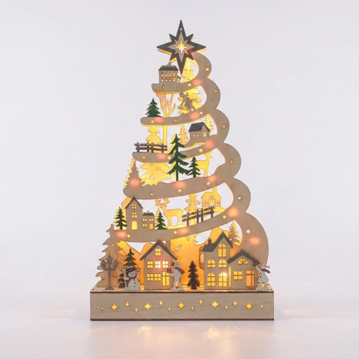 Árbol de Navidad LED de madera Solight con decoraciones, 45 cm