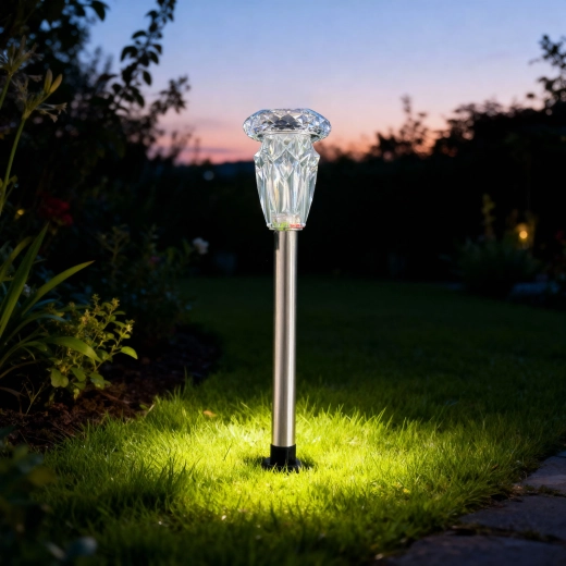 Lámpara solar de jardín con estaca y efecto cristalino, luz blanca cálida