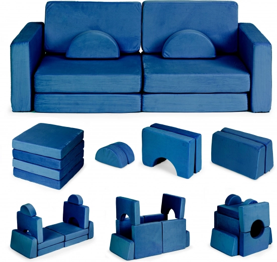 Sofá infantil modular plegable para 2 personas con 10 cojines suaves ECOTOYS – Azul