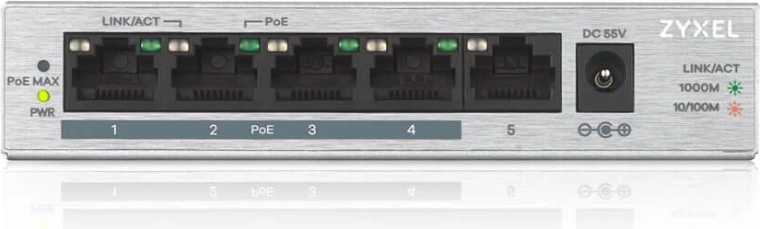 Switch Zyxel GS1005HP gigabit PoE+ de escritorio de 5 puertos, 60 W