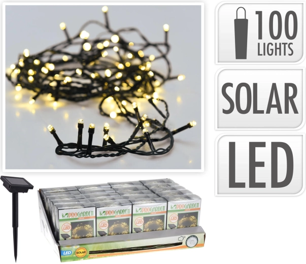 Guirnalda LED navideña solar 2 m, 100 LED, blanco cálido, cable verde