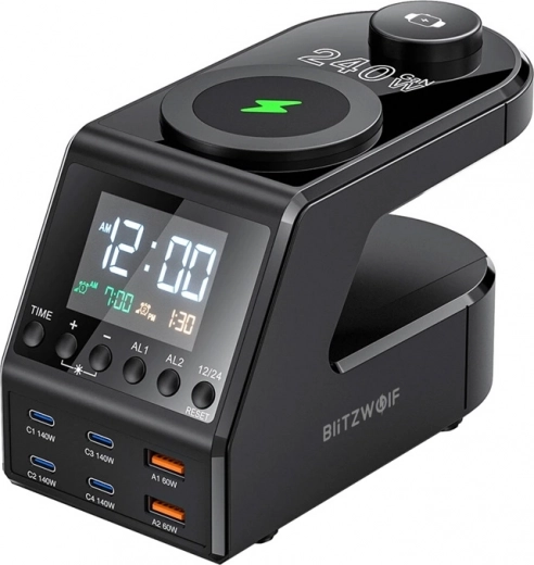 Despertador con estación de carga BlitzWolf BW-FW10, 2× USB‑A, 4× USB‑C, 240 W