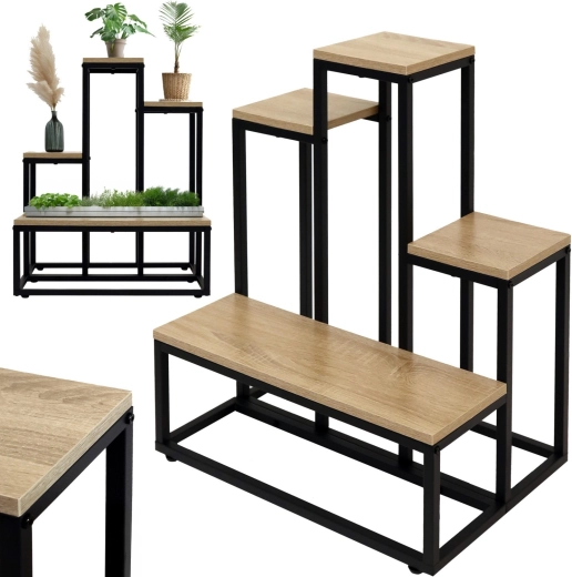 Soporte metálico de pie para plantas, escalonado, para 6 macetas, en decoración de roble rústico - 1 unidad