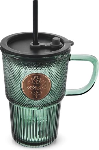 Taza de vidrio con tapa y pajita VERDE 450 ml