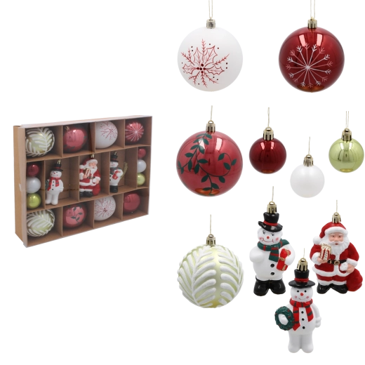 Set de 23 adornos navideños en rojo, blanco y dorado
