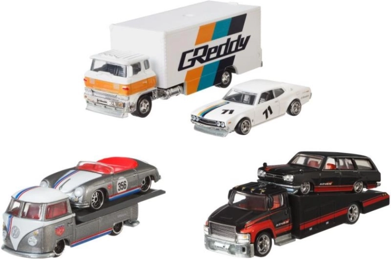 Camión remolcador y coche de carreras Hot Wheels