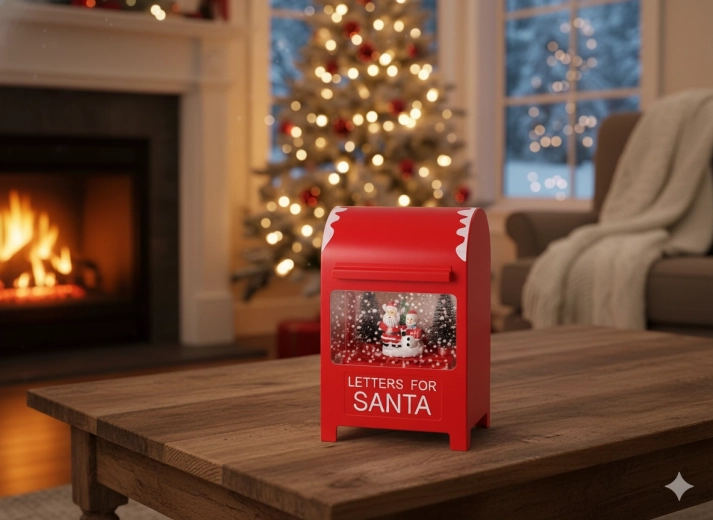 Buzón navideño con mecanismo musical LED, rojo, 15 × 12 × 23 cm