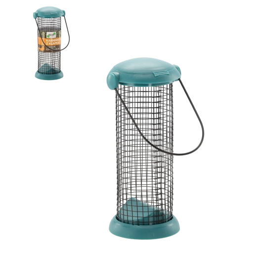 Comedero colgante para pájaros con tapa abatible, malla metálica, 21 cm