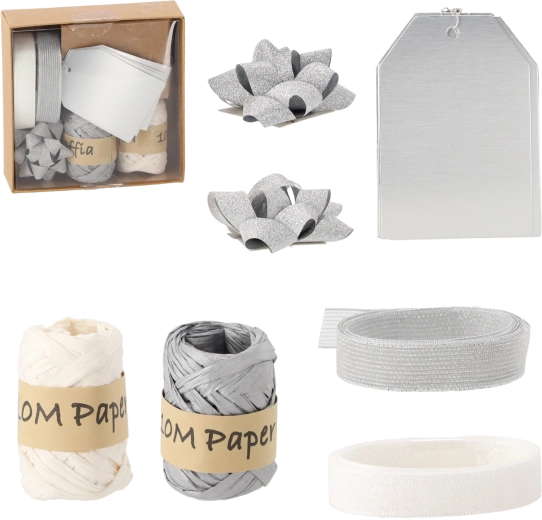Set navideño para envolver regalos – plateado y blanco, 11 piezas