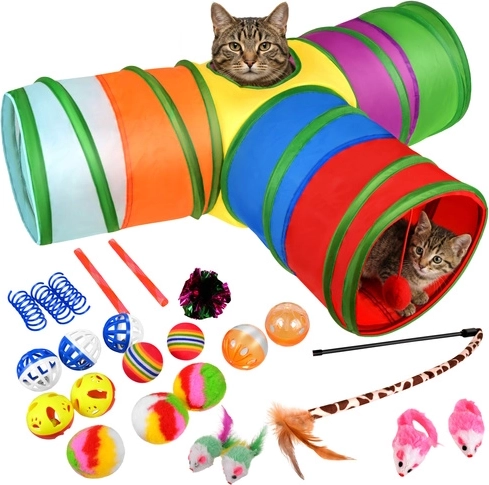 Purlov set interactivo de juguetes para gatos de 24 piezas con túnel y caña