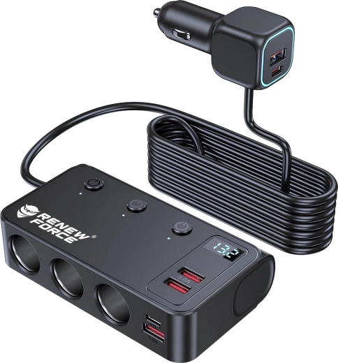 Distribuidor de toma de corriente para automóvil Renew Force con 3 tomas y 4 puertos USB