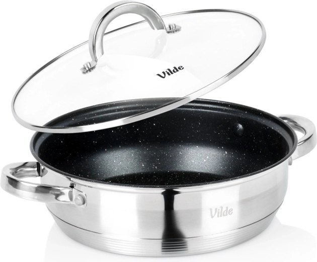 Sartén honda de acero inoxidable con revestimiento granítico y tapa de vidrio INOXCELLENT 24 cm, 3,1 l