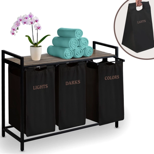 Cesto para ropa de tres compartimentos Massido con estante, 120 l