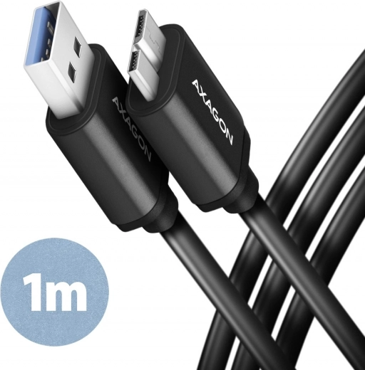 Cable AXAGON Micro-B USB a USB-A 3.2 Gen 1, 1 m, 3 A, ALU, PVC, negro