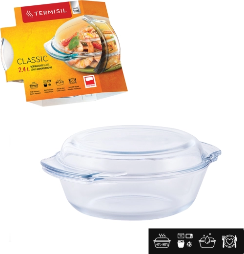 Bol redondo refractario Termisil 2,4 l de vidrio borosilicato con tapa