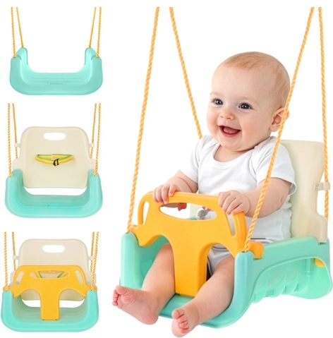 Columpio infantil 3 en 1 KR UZZEL crema y turquesa con cuerda para interior y jardín, hasta 30 kg