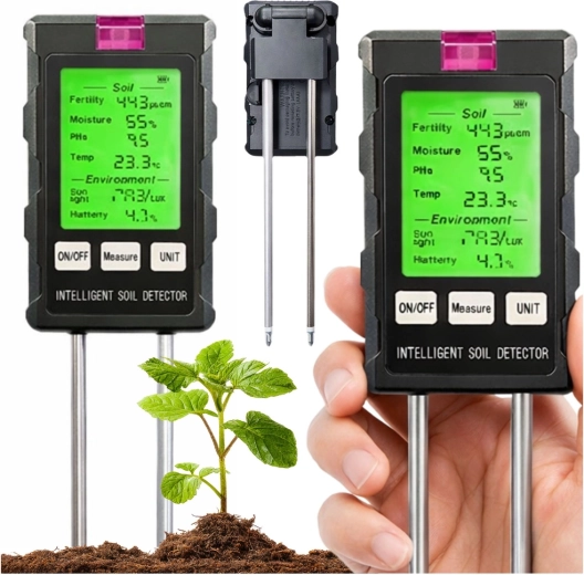 Medidor digital de suelo 6 en 1 con LCD: humedad, pH, temperatura, luz y fertilidad