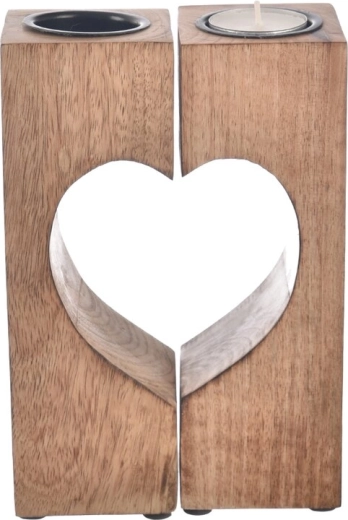 Portavelas de madera de mango y metal con motivo de corazón