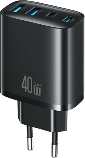 Cargador de pared USAMS T70 40 W, 2× USB-A + 2× USB-C, negro
