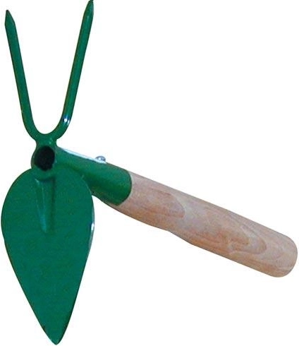Azada de mano en forma de corazón con dos púas y mango de 24 cm