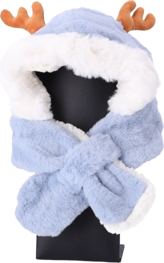 Gorro infantil de felpa con capucha y bufanda con orejitas de ciervo – azul claro