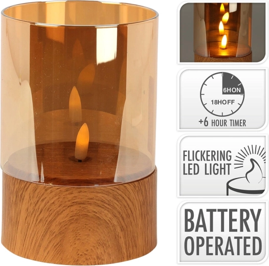Vela LED con llama parpadeante y temporizador, imitación de madera, vidrio ámbar, 10 × 15 cm