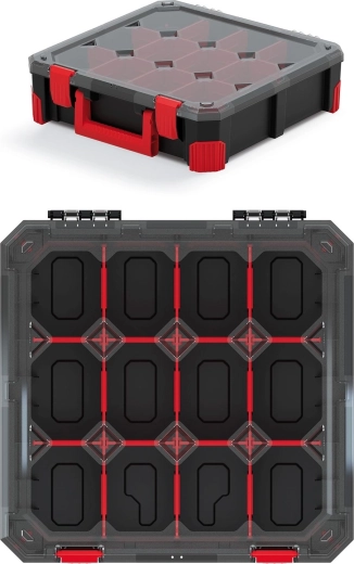Organizador Titan con 12 compartimentos, tapa transparente y asa ergonómica