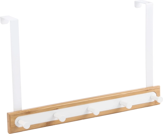 Perchero colgante para puerta con 5 ganchos bambú/blanco 40 × 4,5 × 25 cm