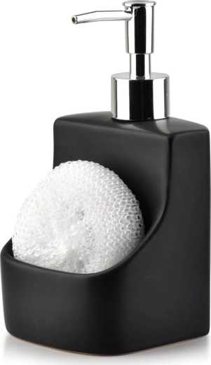 Dispensador cerámico para jabón lavavajillas con soporte para esponja, negro, 400 ml