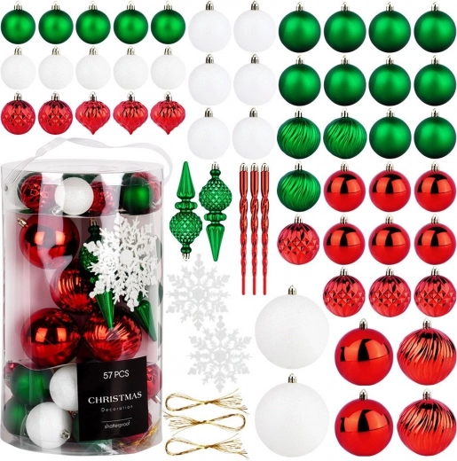 Juego de adornos navideños irrompibles rojos, verdes y blancos – 57 uds